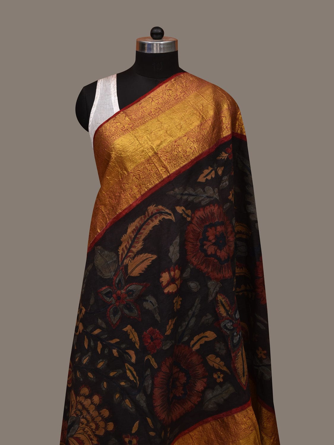 Black and Red Kalamkari Hand Painted Kanchipuram Silk Handloom Dupatta with Big Floral Design ds2954