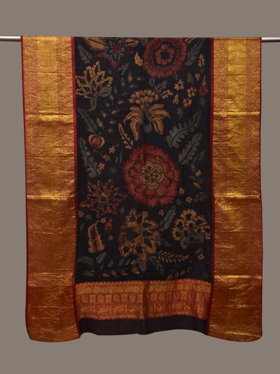 Black and Red Kalamkari Hand Painted Kanchipuram Silk Handloom Dupatta with Big Floral Design ds2954