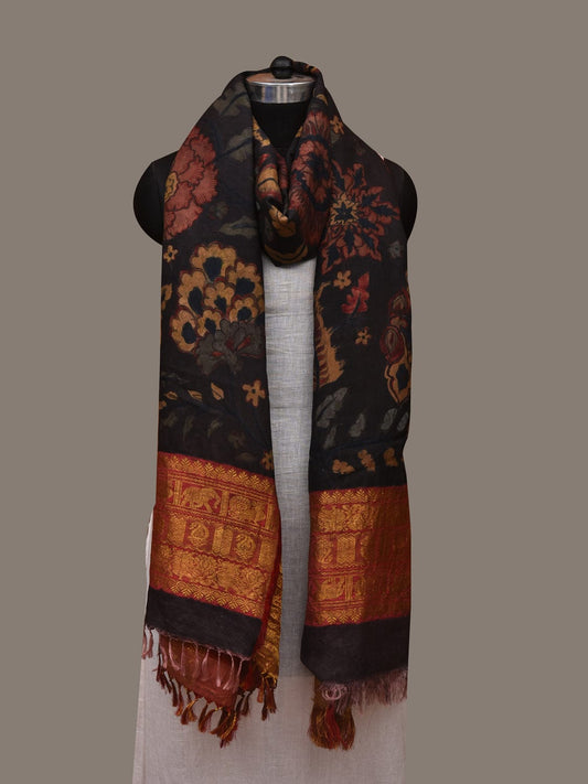 Black and Red Kalamkari Hand Painted Kanchipuram Silk Handloom Dupatta with Big Floral Design ds2954
