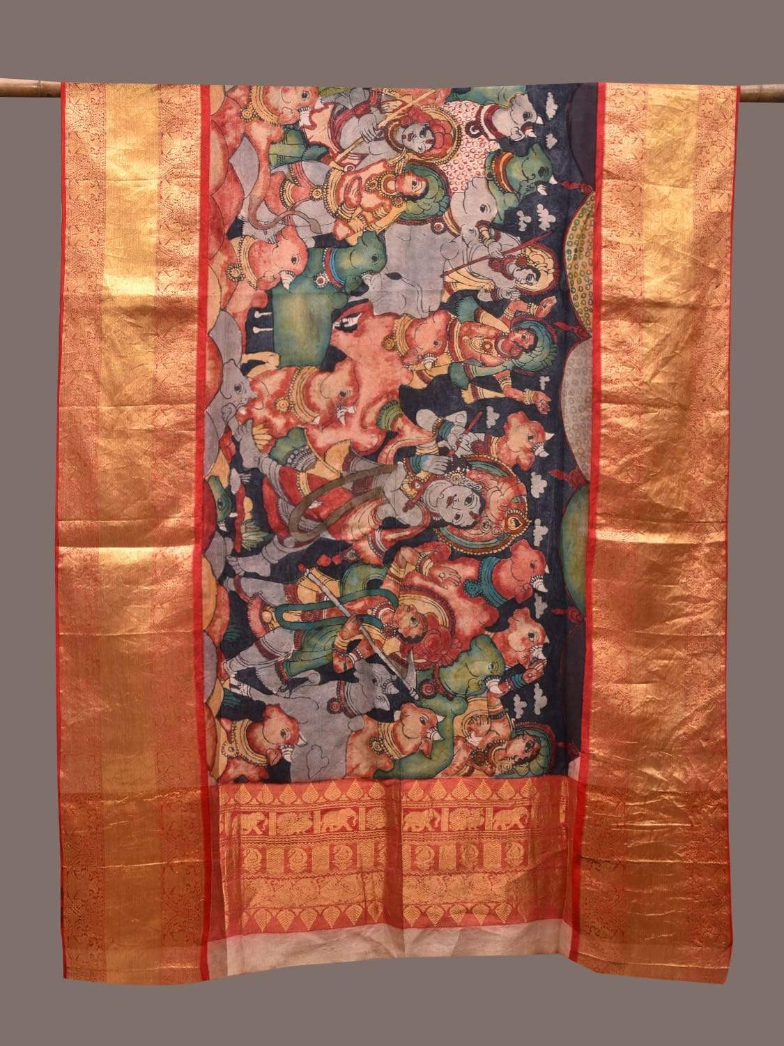 Black and Red Kalamkari Hand Painted Kanchipuram Silk Handloom Dupatta with with Krishna and Cows Design ds2344