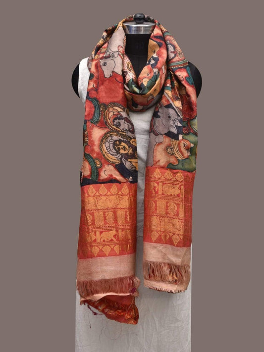 Black and Red Kalamkari Hand Painted Kanchipuram Silk Handloom Dupatta with with Krishna and Cows Design ds2344