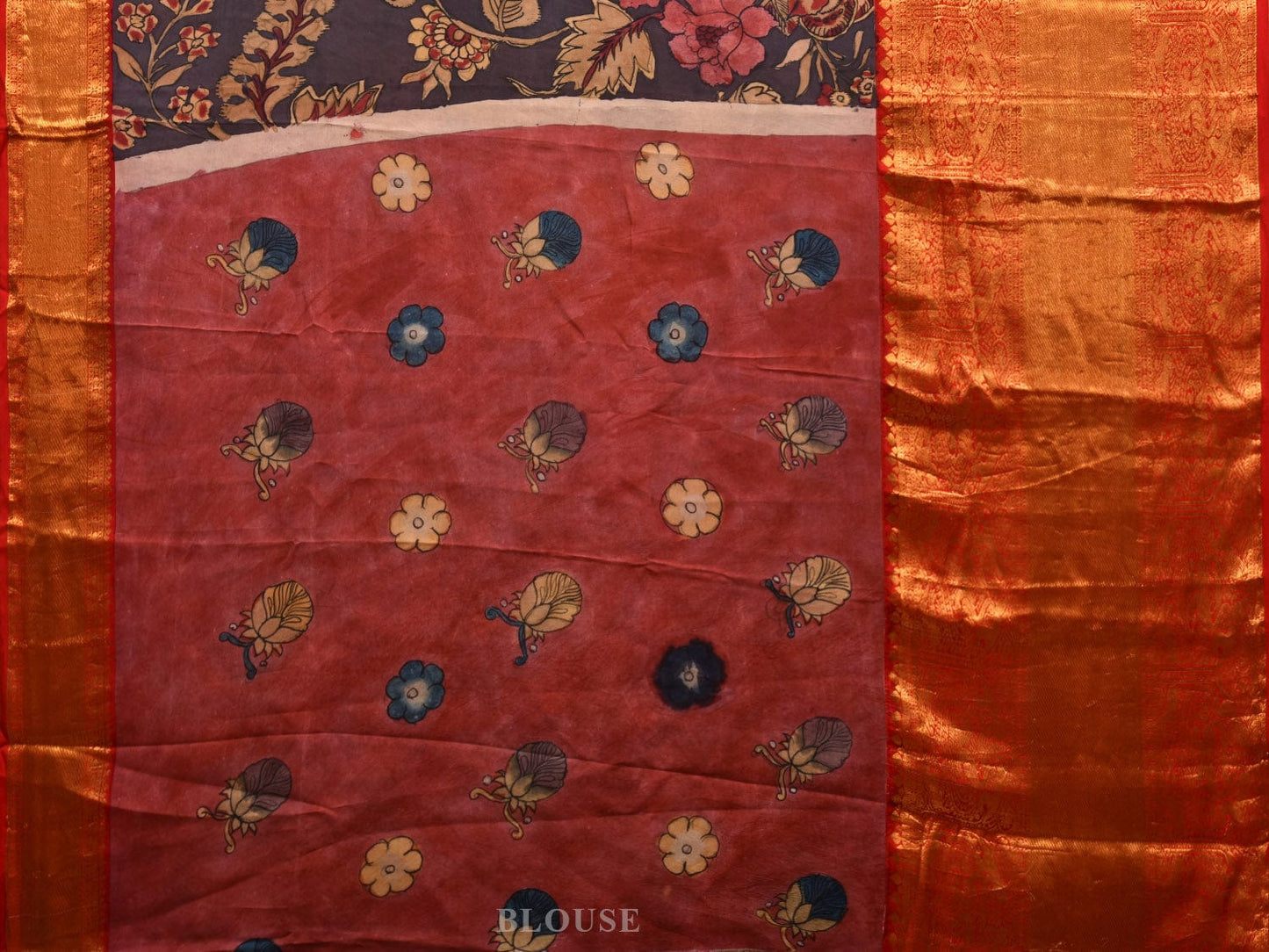 Black and Red Kalamkari Hand Painted Kanchipuram Silk Handloom Saree with Big Floral Design KL0641