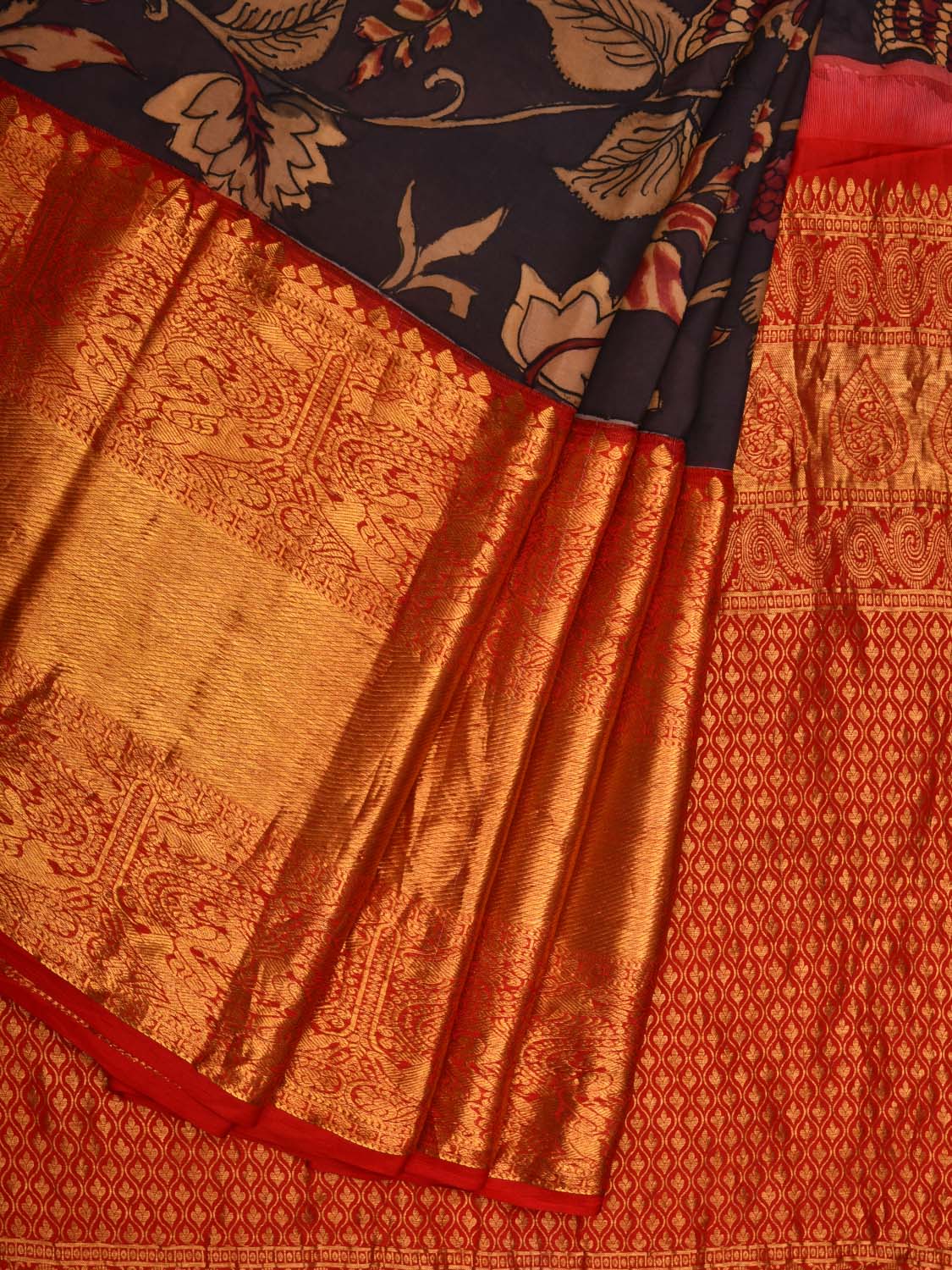 Black and Red Kalamkari Hand Painted Kanchipuram Silk Handloom Saree with Big Floral Design KL0641