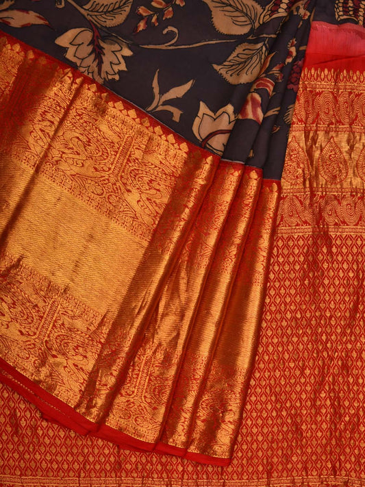 Black and Red Kalamkari Hand Painted Kanchipuram Silk Handloom Saree with Big Floral Design KL0641