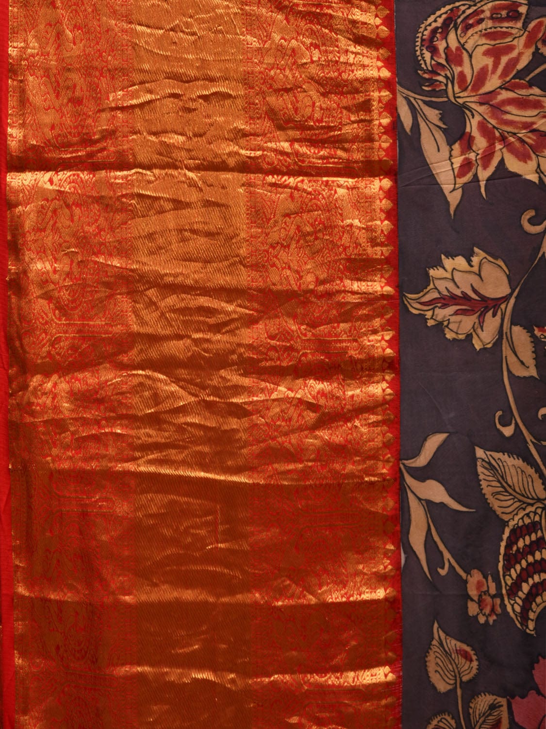 Black and Red Kalamkari Hand Painted Kanchipuram Silk Handloom Saree with Big Floral Design KL0641
