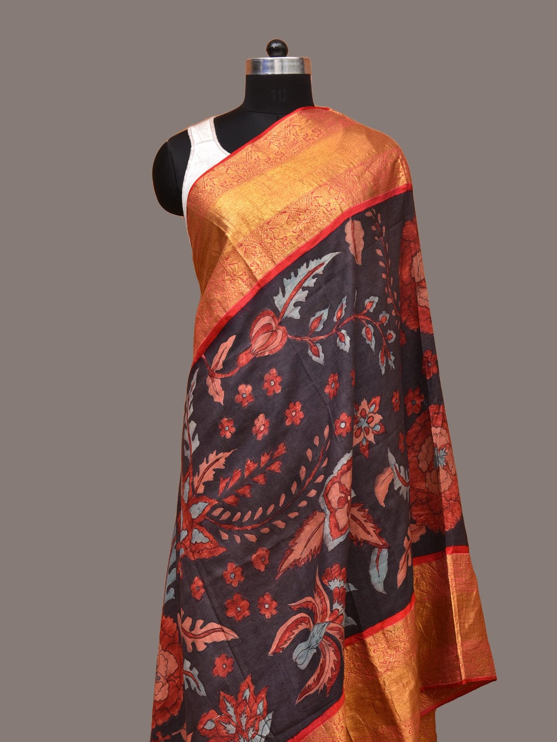Black and Red Kalamkari Hand Painted Kancipuram Silk Handloom Dupatta with Floral Design ds3319