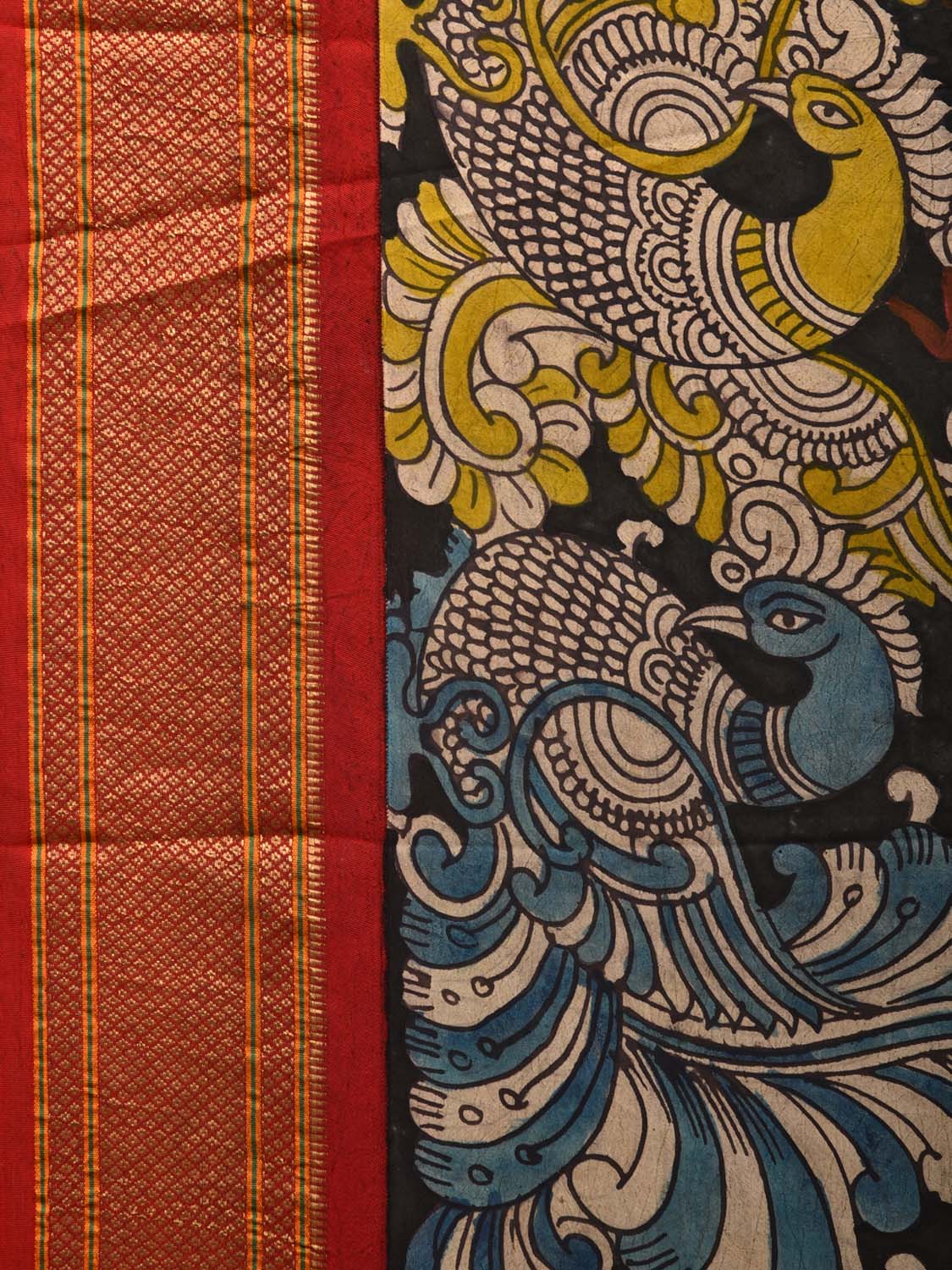Black and Red Kalamkari Hand Painted Paithani Silk Handloom Saree with Lotus and Peacock Design KL0700