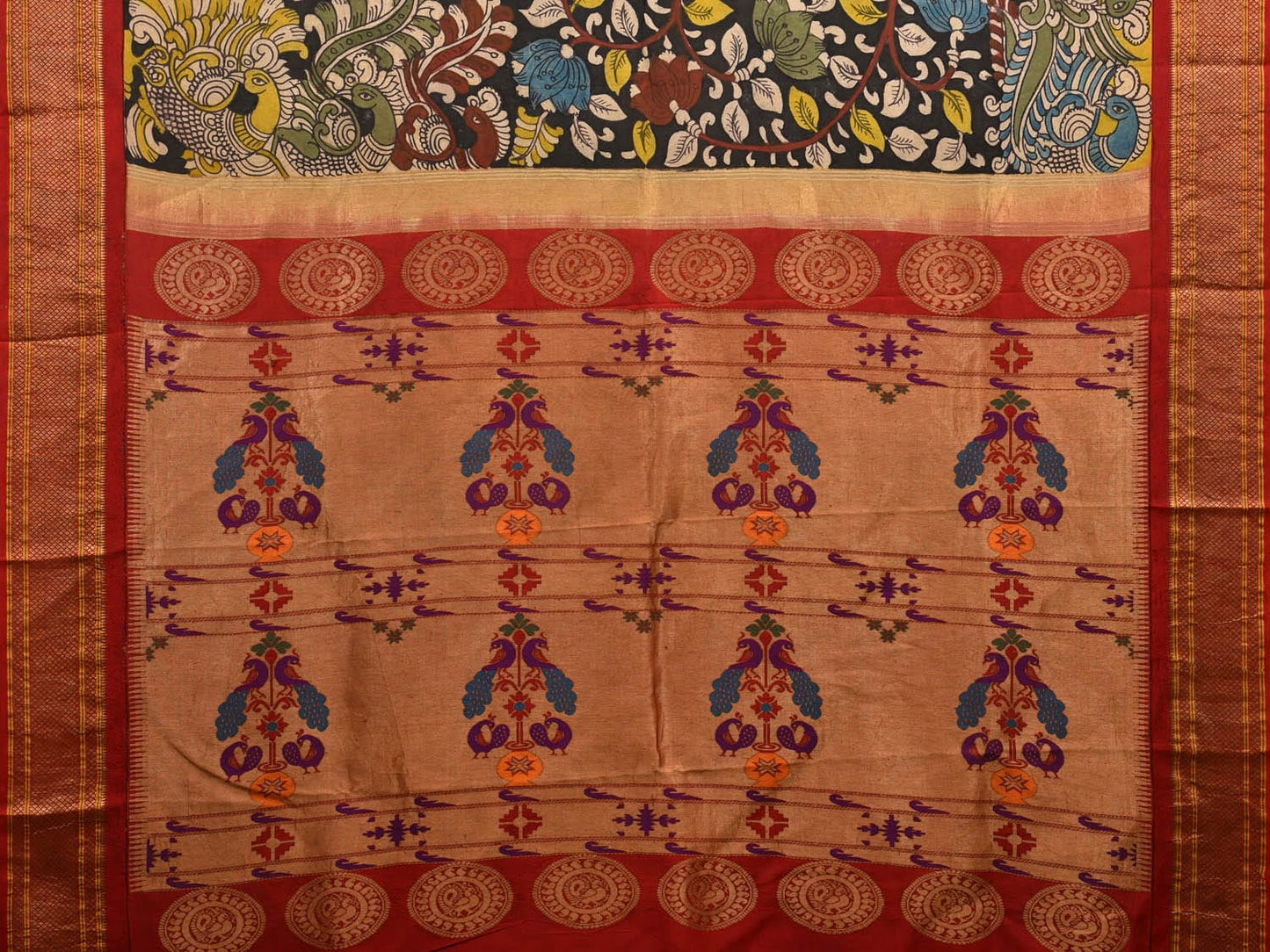 Black and Red Kalamkari Hand Painted Paithani Silk Handloom Saree with Lotus and Peacock Design KL0700