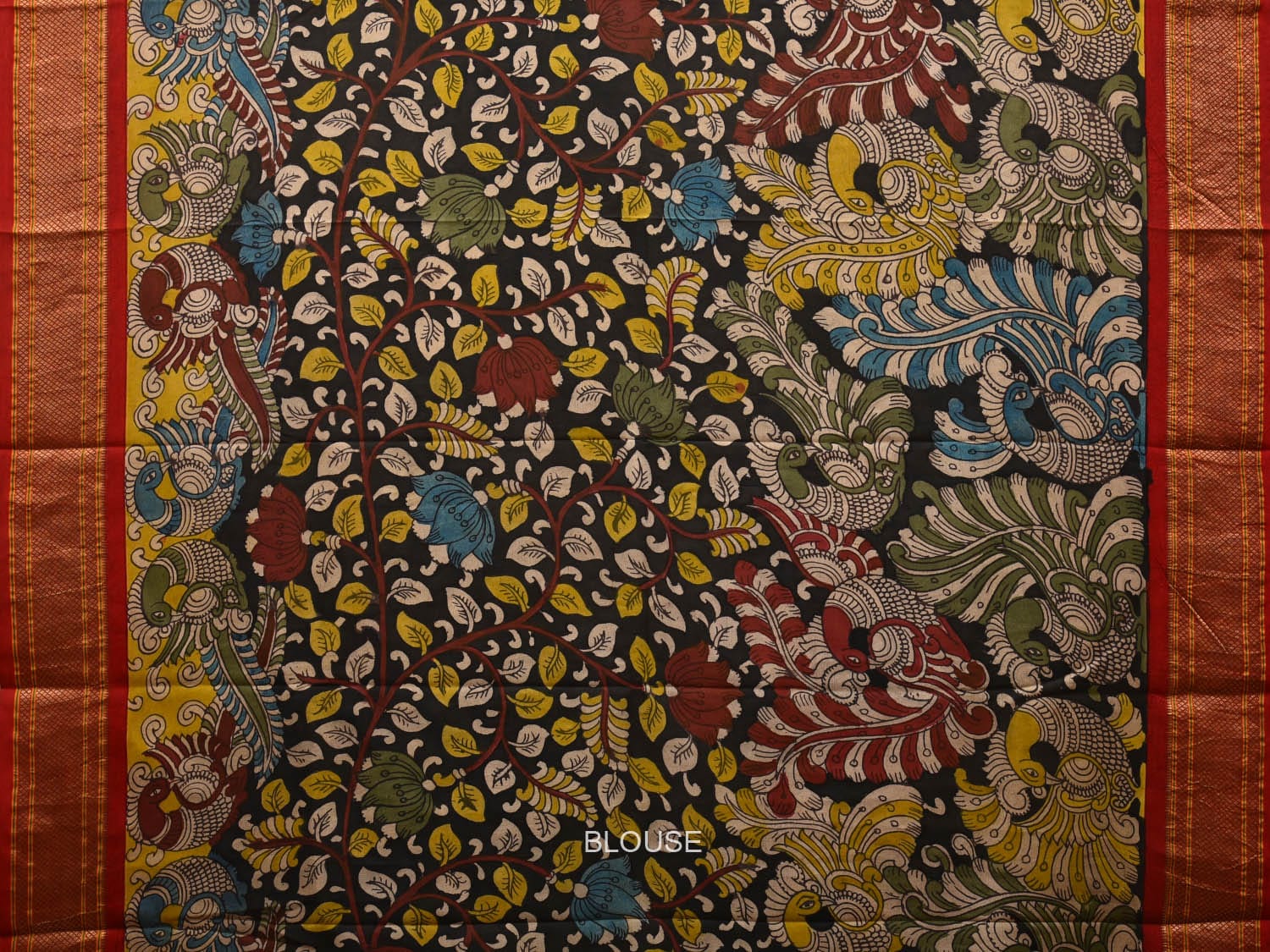 Black and Red Kalamkari Hand Painted Paithani Silk Handloom Saree with Lotus and Peacock Design KL0700