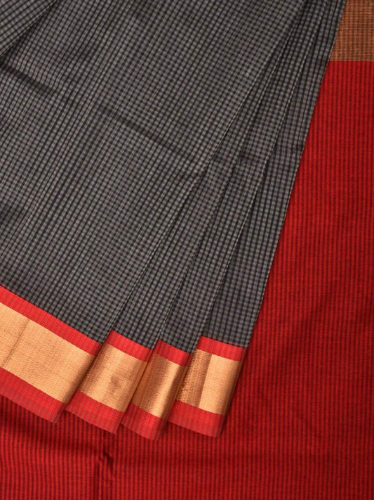 Black and Red Maheshwari Cotton Silk Handloom Saree with Small Checks Design m0140