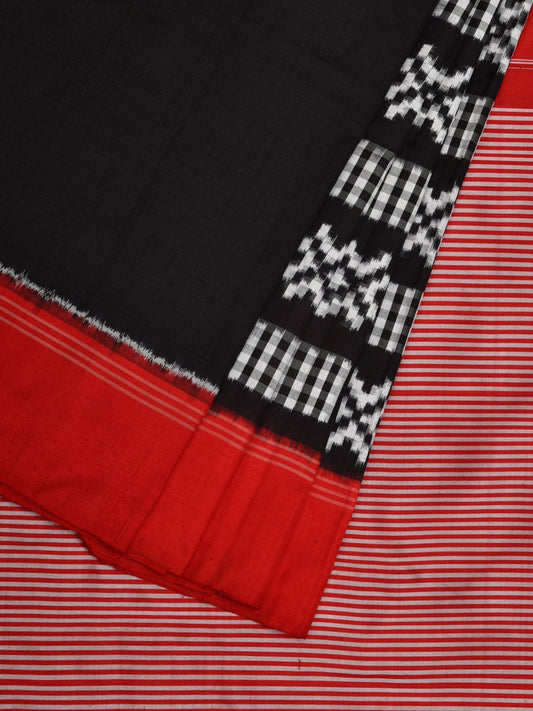 Black and Red Pochampally Double Ikat Silk Handloom Saree with Half Plain and Half Telia Design i0701
