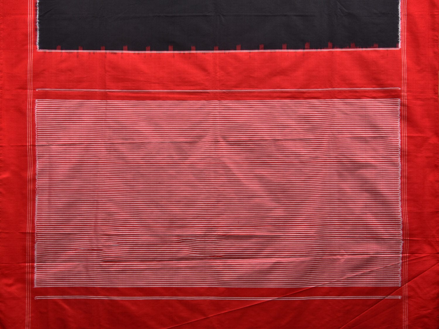 Black and Red Pochampally Double Ikat Silk Handloom Saree with Half Plain and Half Telia Design i0701