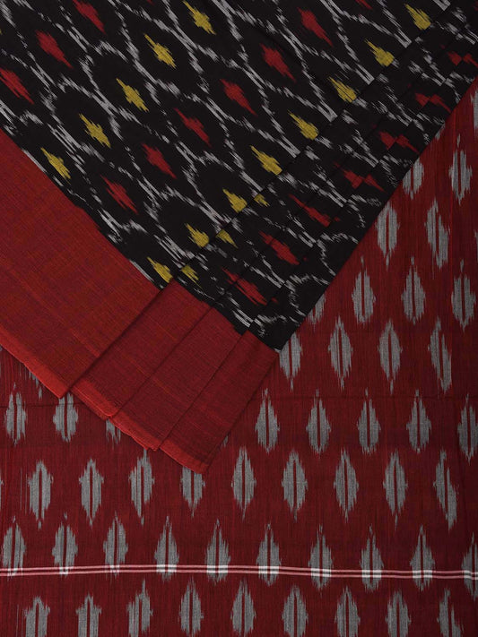 Black and Red Pochampally Ikat Cotton Handloom Saree with All Over Grill Body Design No Blouse i0901
