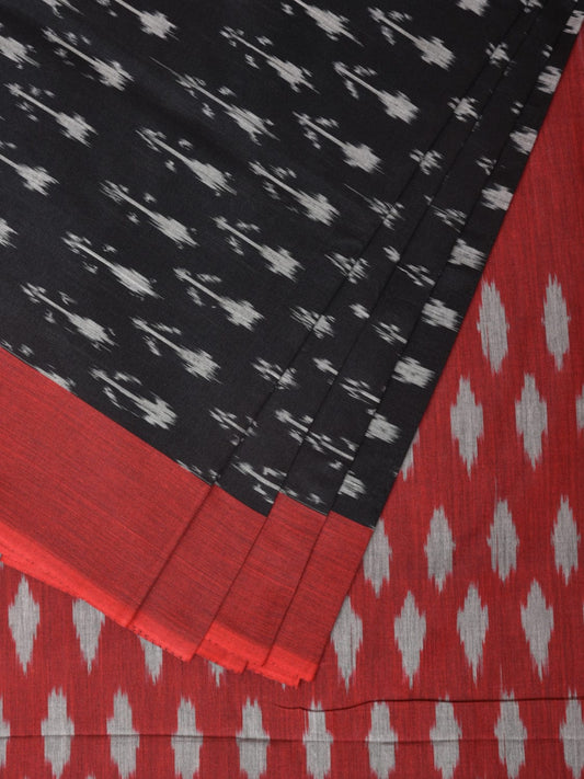 Black and Red Pochampally Ikat Cotton Handloom Saree with Arrow Head Design No Blouse i0781