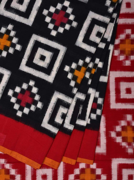 Black and Red Pochampally Ikat Cotton Handloom Saree with Telia Design i0606