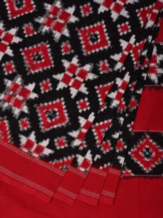 Black and Red Pochampally Ikat Cotton Handloom Saree with Telia Design i0608