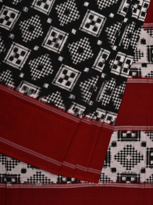 Black and Red Pochampally Ikat Cotton Handloom Saree with Telia Design i0666