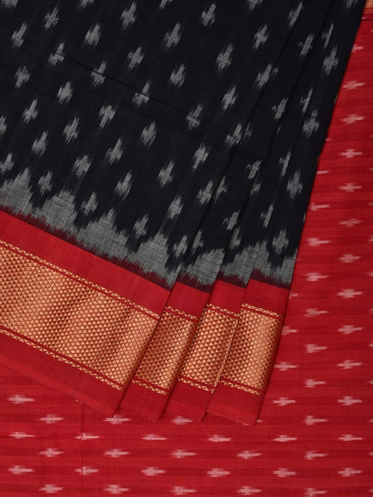 Black and Red Pochampally Ikat Cotton Handloom Saree with Zari Border Design i0614