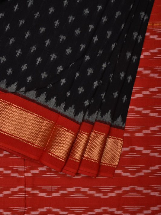 Black and Red Pochampally Ikat Cotton Handloom Saree with Zari Border Design i0697