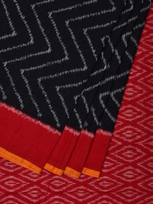 Black and Red Pochampally Ikat Cotton Handloom Saree with Zig-Zag Design i0612