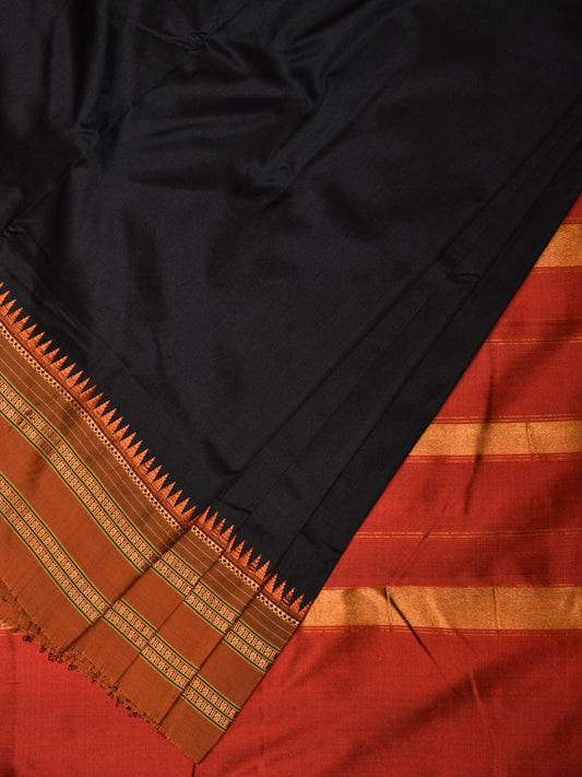 Black and Rust Narayanpet Silk Handloom Plain Saree with Traditional Border Design No Blouse np0671