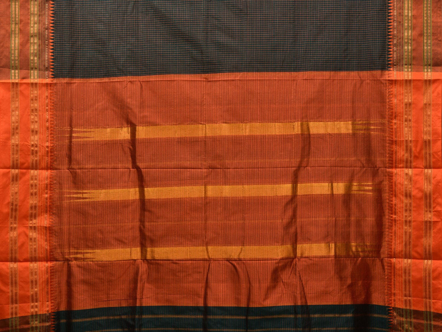 Black and Rust Narayanpet Silk Handloom Saree with Checks Design No Blouse np0646