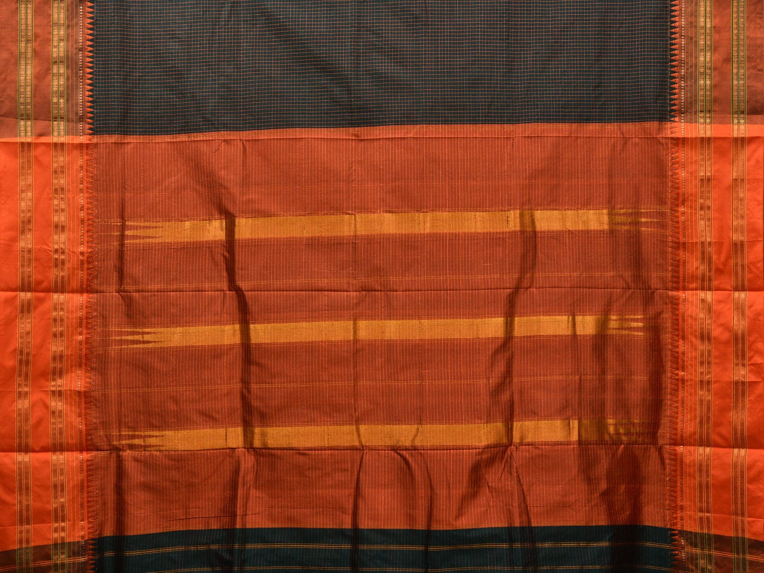 Black and Rust Narayanpet Silk Handloom Saree with Checks Design No Blouse np0646