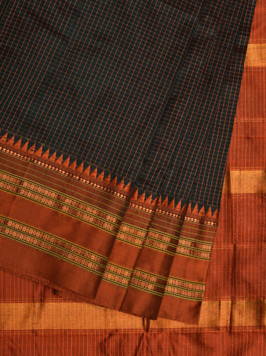 Black and Rust Narayanpet Silk Handloom Saree with Checks Design No Blouse np0646