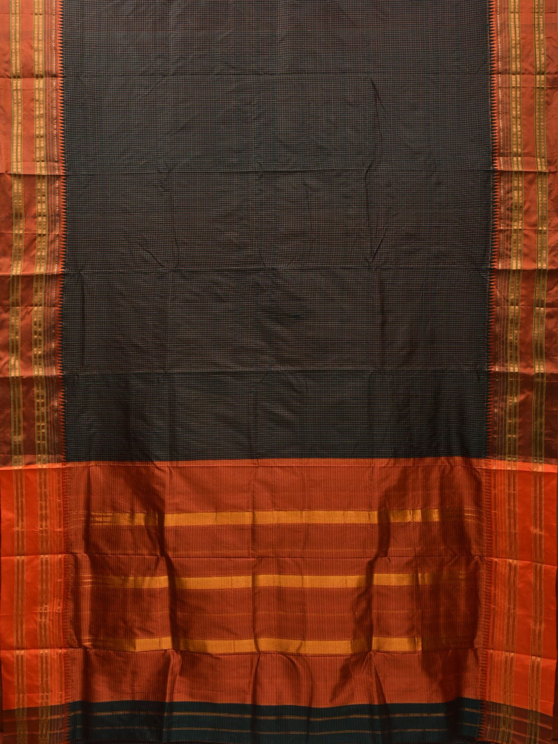 Black and Rust Narayanpet Silk Handloom Saree with Checks Design No Blouse np0646