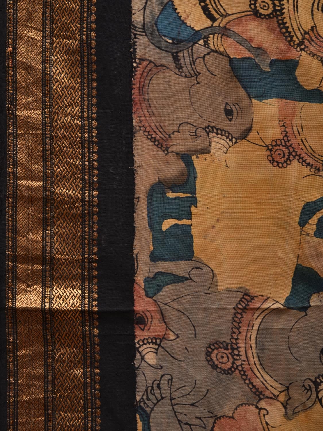 Black and Teal Kalamkari Hand Painted Gadwal Silk Handloom Saree with Krishna and Cows Design KL0611