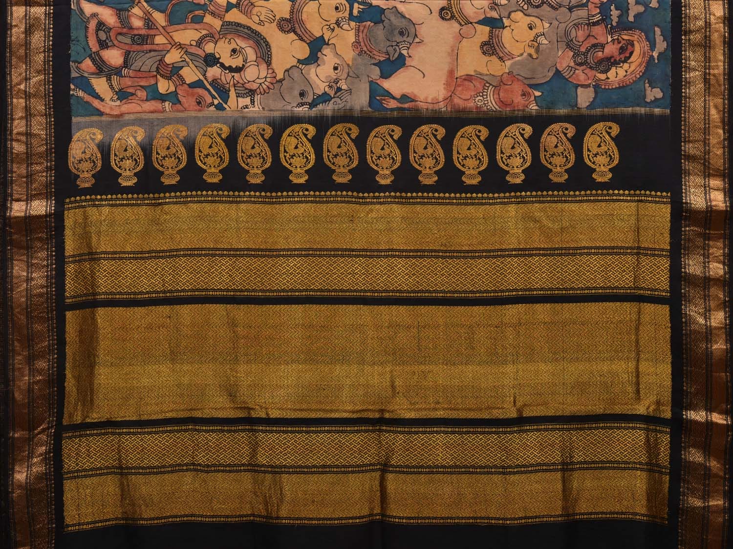 Black and Teal Kalamkari Hand Painted Gadwal Silk Handloom Saree with Krishna and Cows Design KL0611