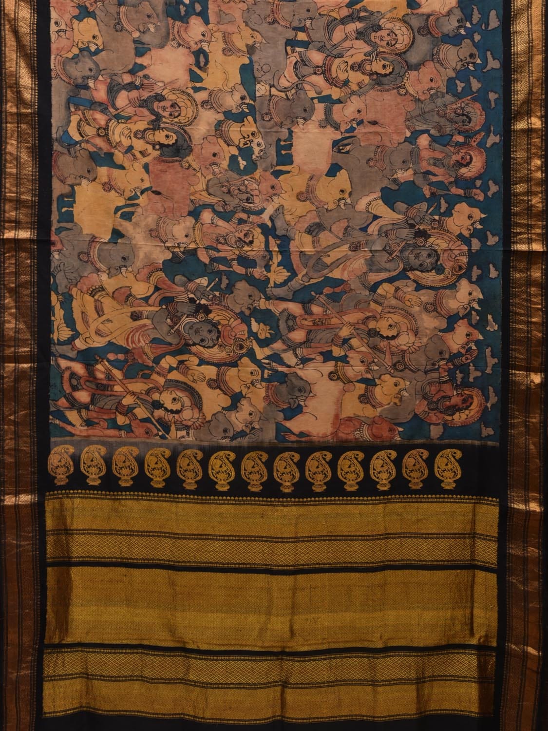 Black and Teal Kalamkari Hand Painted Gadwal Silk Handloom Saree with Krishna and Cows Design KL0611