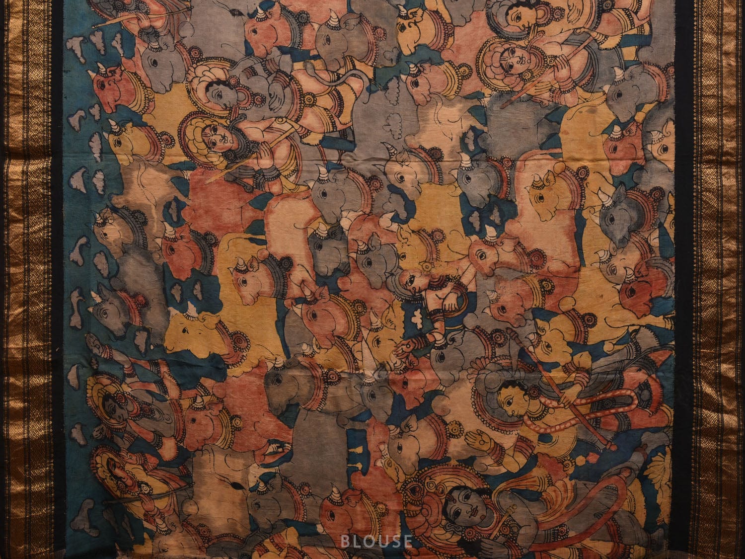 Black and Teal Kalamkari Hand Painted Gadwal Silk Handloom Saree with Krishna and Cows Design KL0611
