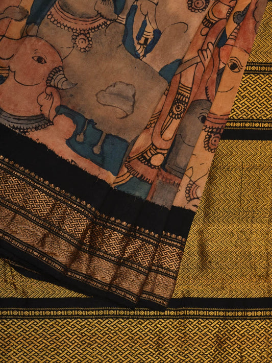 Black and Teal Kalamkari Hand Painted Gadwal Silk Handloom Saree with Krishna and Cows Design KL0611