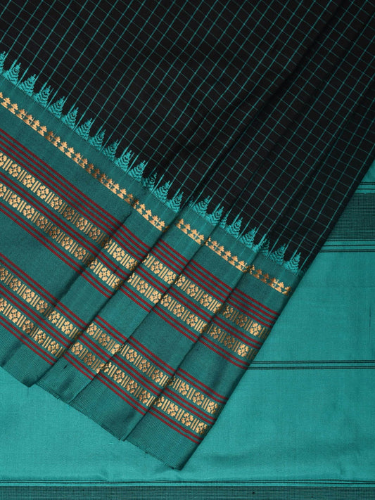 Black and Turquoise Narayanpet Silk Handloom Saree with Checks Design np0934