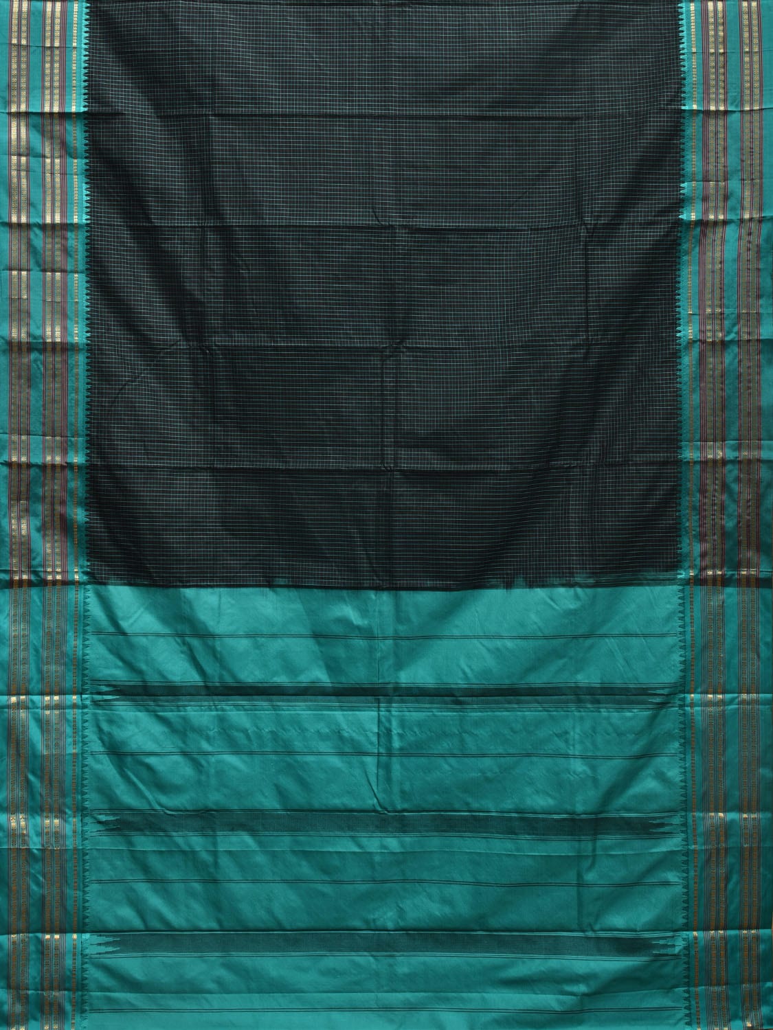 Black and Turquoise Narayanpet Silk Handloom Saree with Checks Design np0934