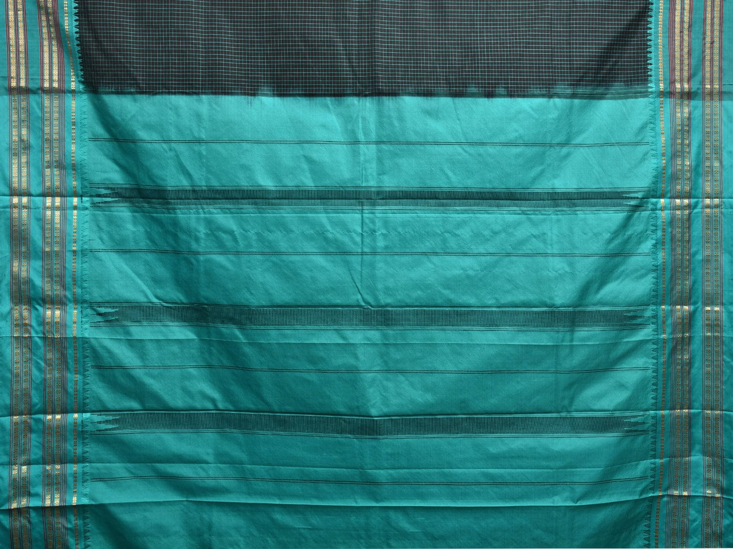 Black and Turquoise Narayanpet Silk Handloom Saree with Checks Design np0934