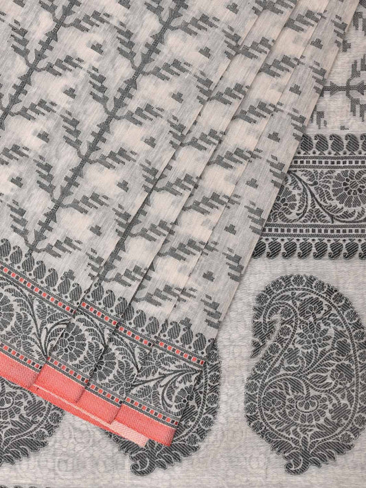 Black and White Cut Work Sico Cotton Saree with All Over and Border Design o0413
