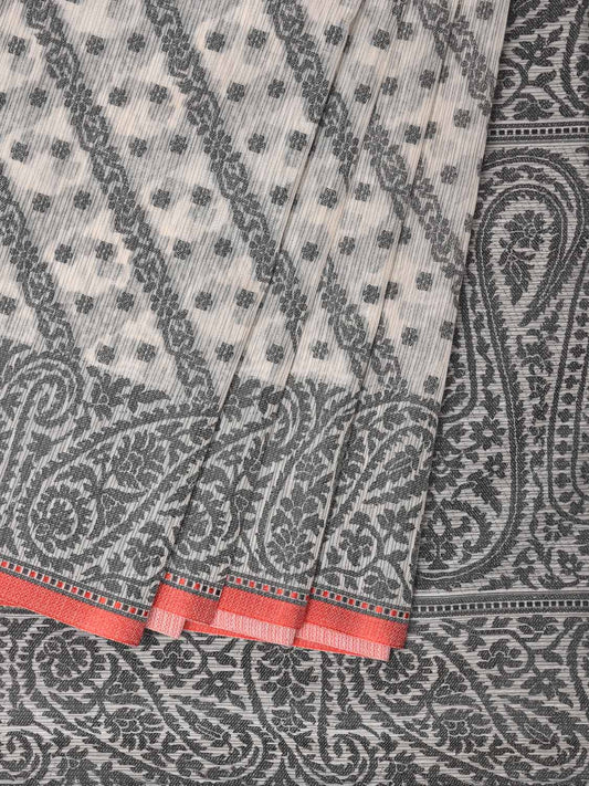 Black and White Cut Work Sico Cotton Saree with Diagonal and Mango Border Design o0422