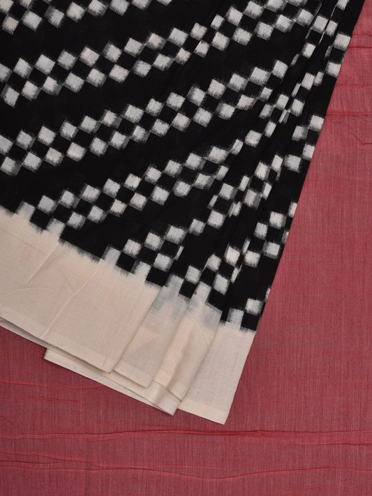 Black and White Pochampally Double Ikat Cotton Handloom Saree with Diagonal Design i0704
