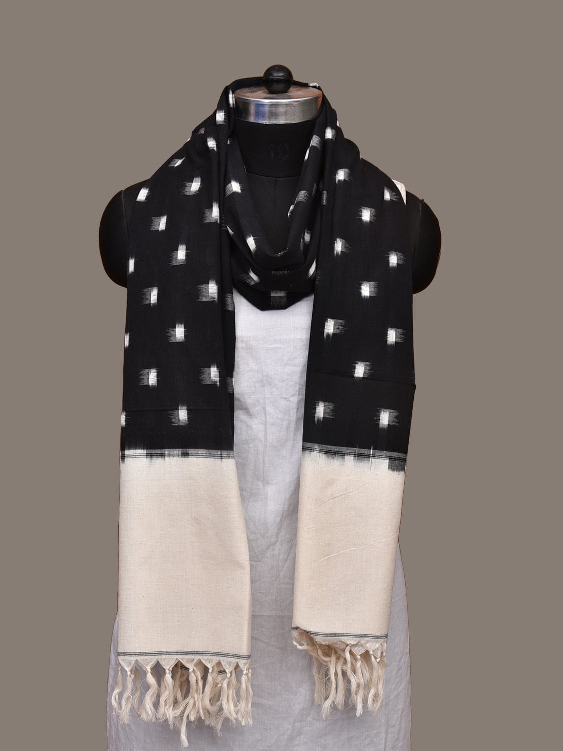 Black and White Pochampally Ikat Cotton Handloom Dupatta with Dots Design ds1896