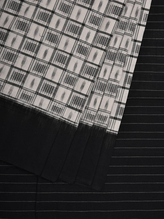 Black and White Pochampally Ikat Cotton Handloom Saree with Checks Design i0668