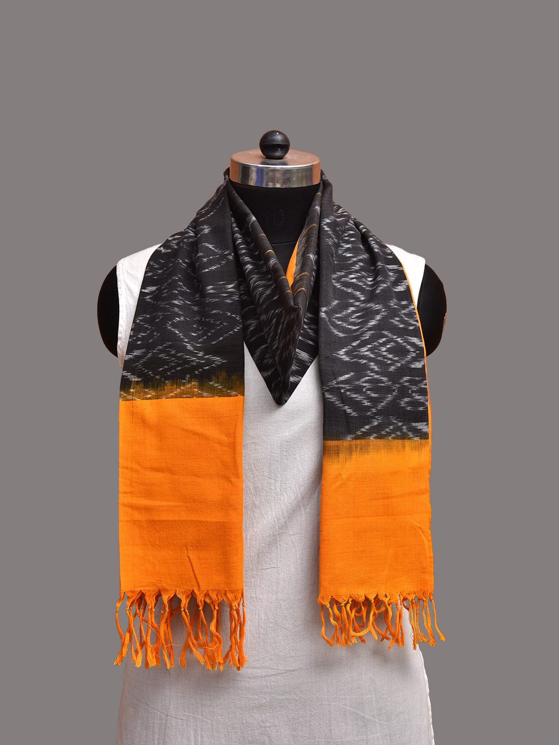 Black and Yellow Ikat Cotton Handloom Stole with Zig-Zag Design ds3747