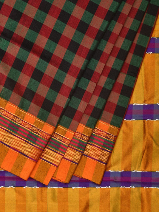 Black and Yellow ilkal Cotton Saree with Checks Design No Blouse o0450