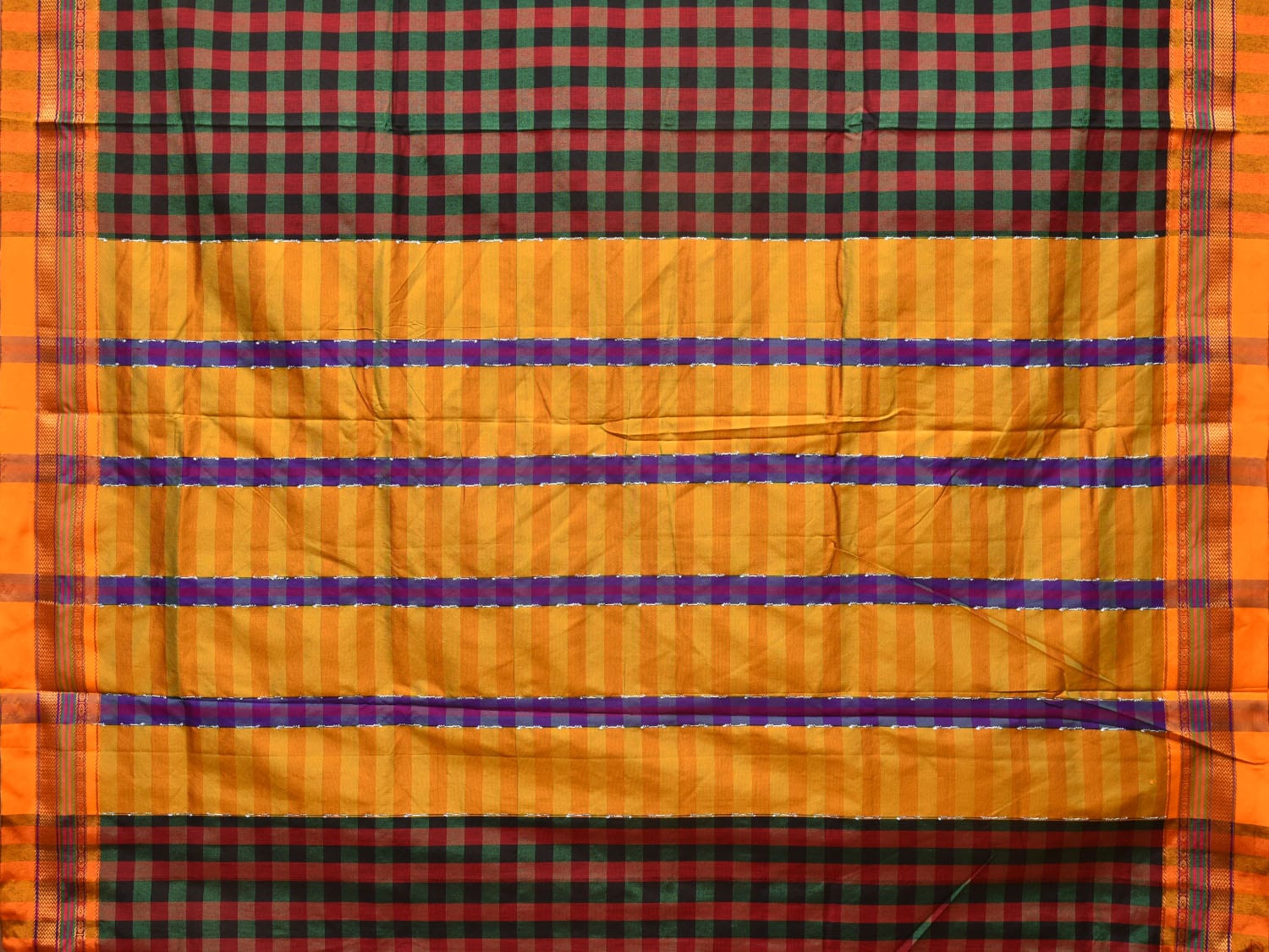 Black and Yellow ilkal Cotton Saree with Checks Design No Blouse o0450