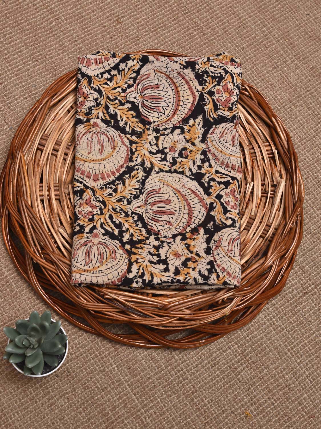Black and Yellow Kalamkari Block Print Cotton Blouse with Floral Design Length 1mt Width 44 Inches BL0121