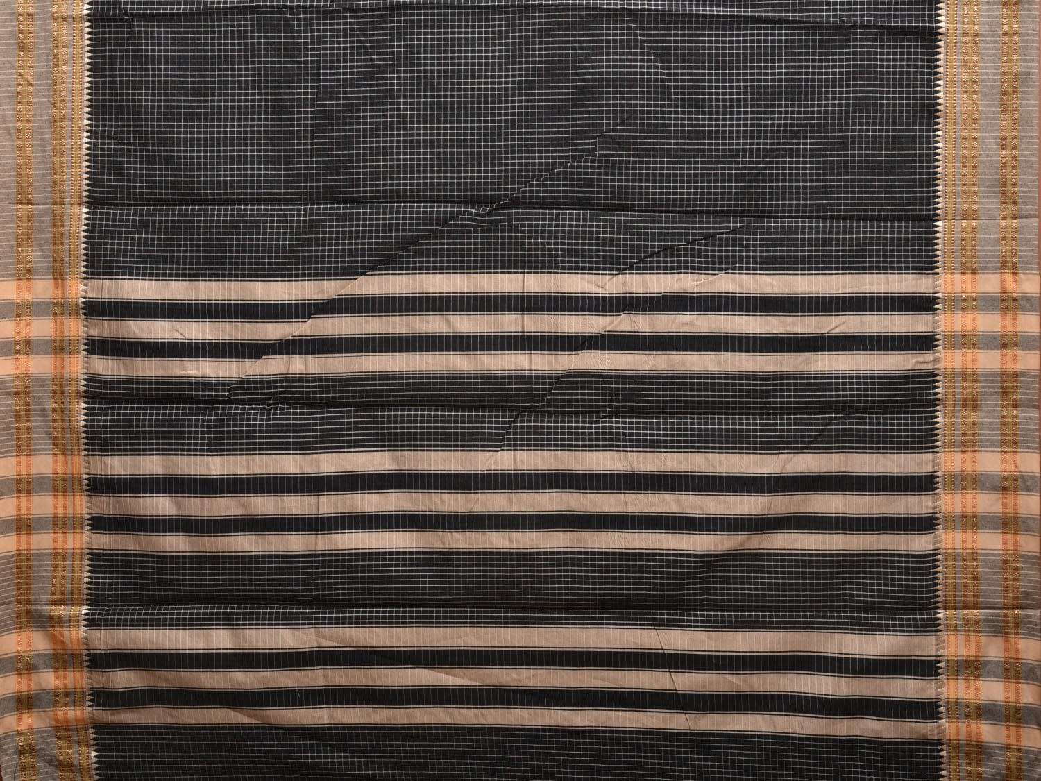 Black Bamboo Cotton Saree with Checks Design No Blouse bc0301