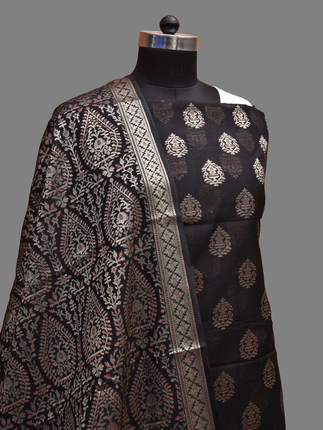 Black Banaras Cotton Viscose Dress Material with Dupatta, Top and Plain Bottom Design dm0071