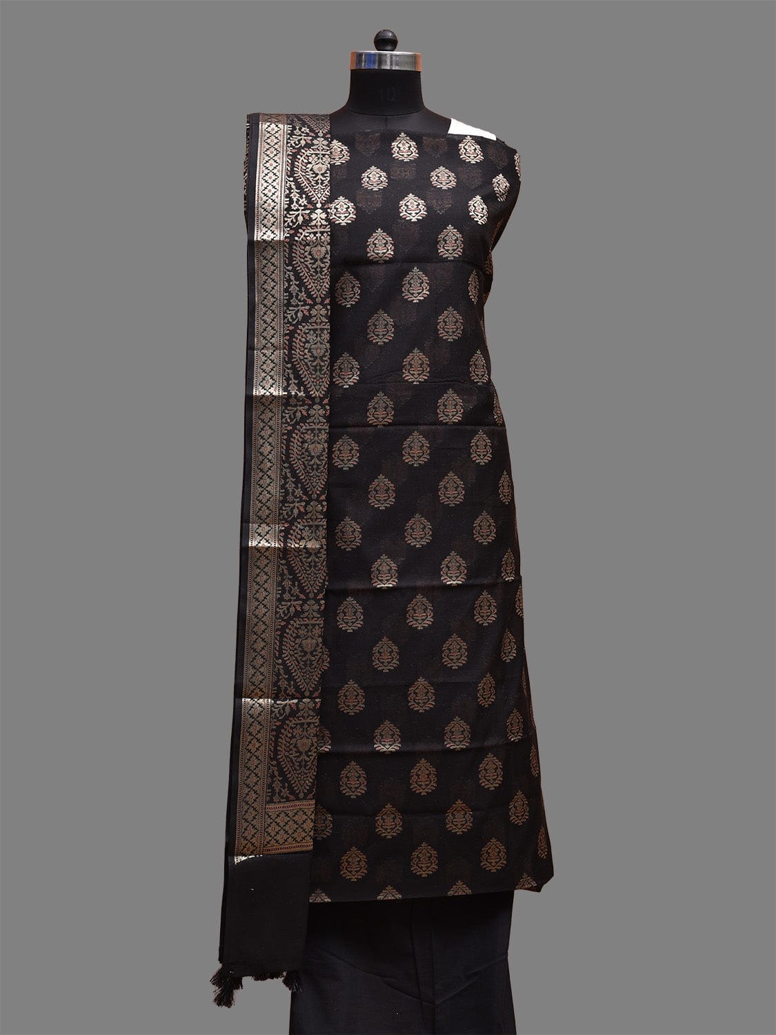Black Banaras Cotton Viscose Dress Material with Dupatta, Top and Plain Bottom Design dm0071