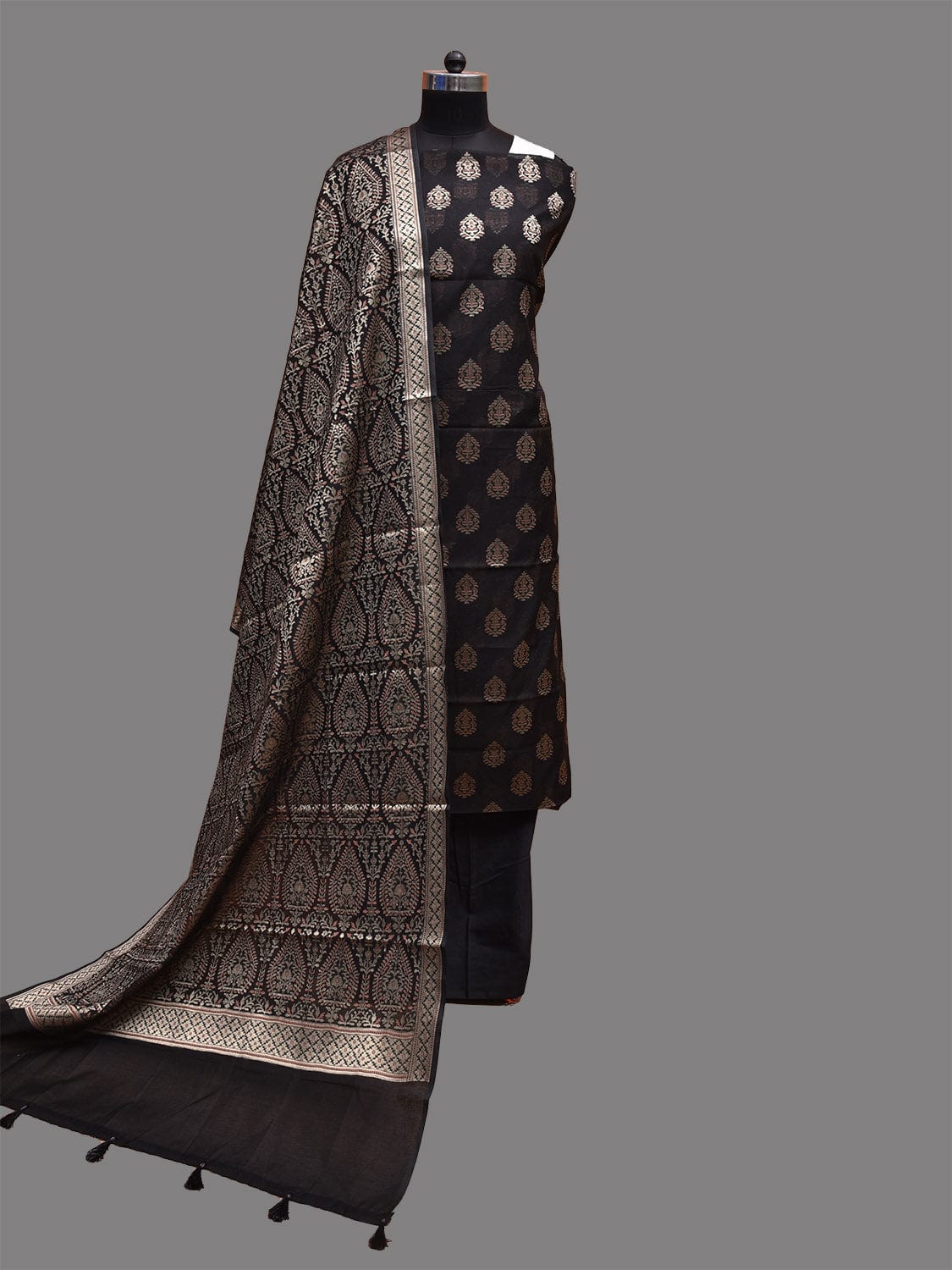 Black Banaras Cotton Viscose Dress Material with Dupatta, Top and Plain Bottom Design dm0071